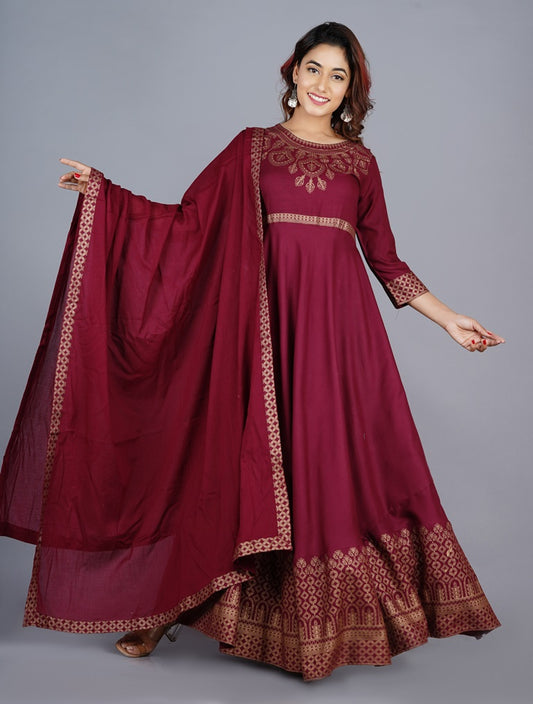 Maroon Gown Solid Dress with Dupatta