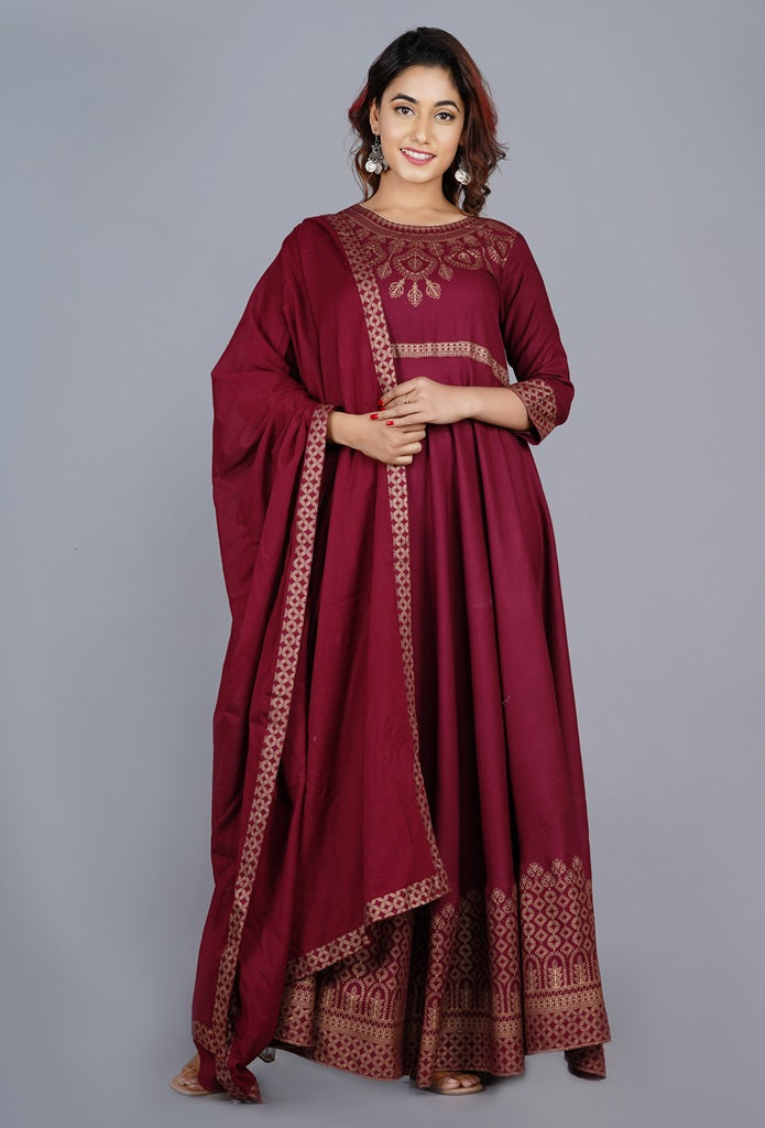 Maroon Gown Solid Dress with Dupatta