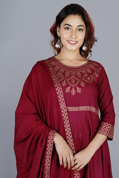 Maroon Gown Solid Dress with Dupatta