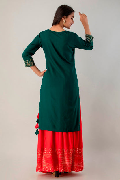 Green Straight Solid Kurta with Skirt