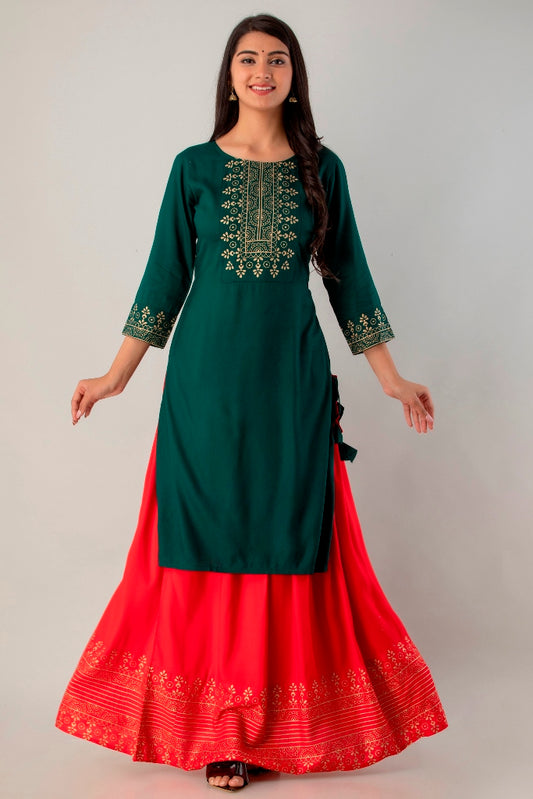 Green Straight Solid Kurta with Skirt