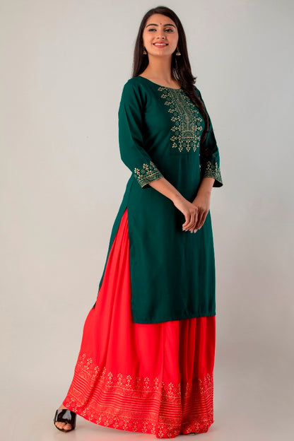 Green Straight Solid Kurta with Skirt