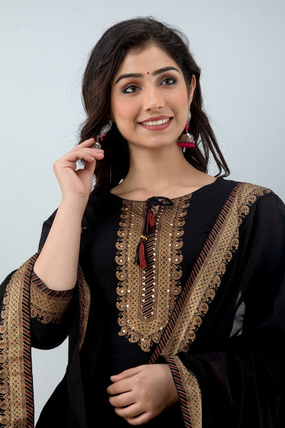 Black Straight Solid Kurta with Palazzo and Dupatta