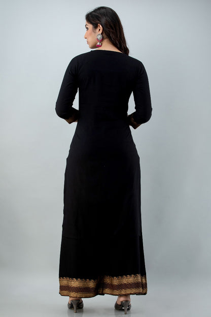 Black Straight Solid Kurta with Palazzo and Dupatta