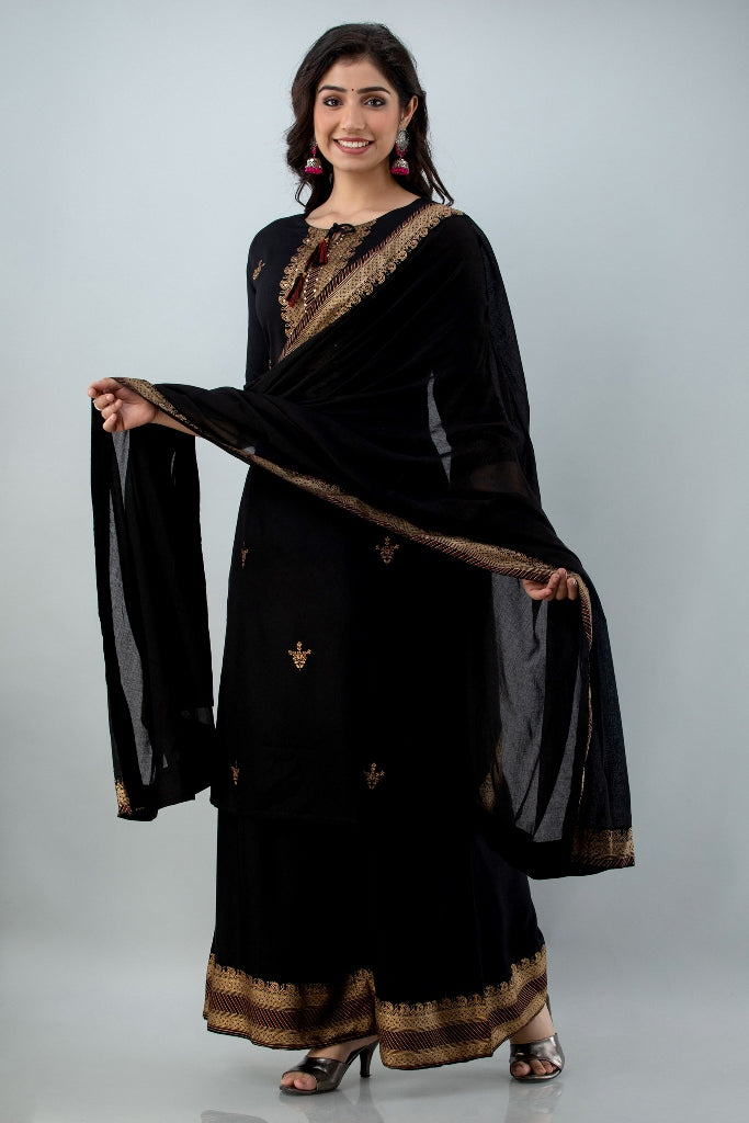Black Straight Solid Kurta with Palazzo and Dupatta