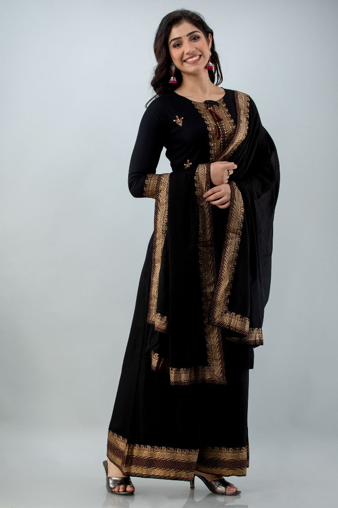 Black Straight Solid Kurta with Palazzo and Dupatta