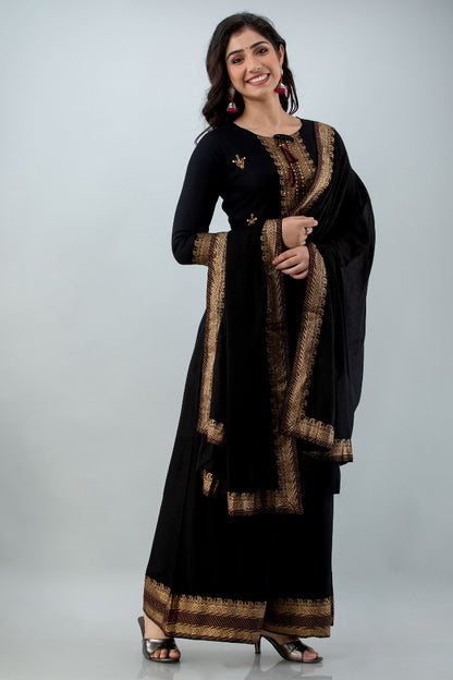 Black Straight Solid Kurta with Palazzo and Dupatta