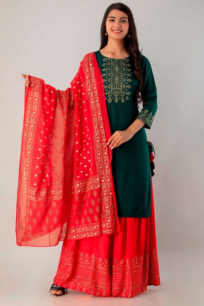 Green Straight Solid Kurta with Skirt and Dupatta