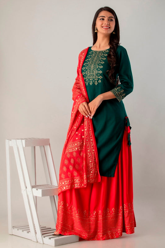 Green Straight Solid Kurta with Skirt and Dupatta