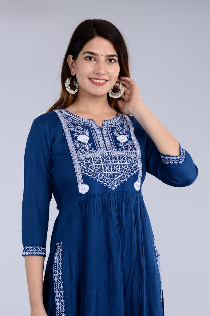 Blue Straight Printed Designer Ethnic Wear