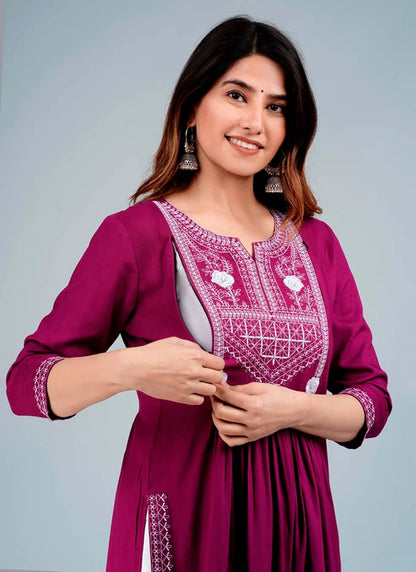 Wine Straight Printed Ethnic Wear