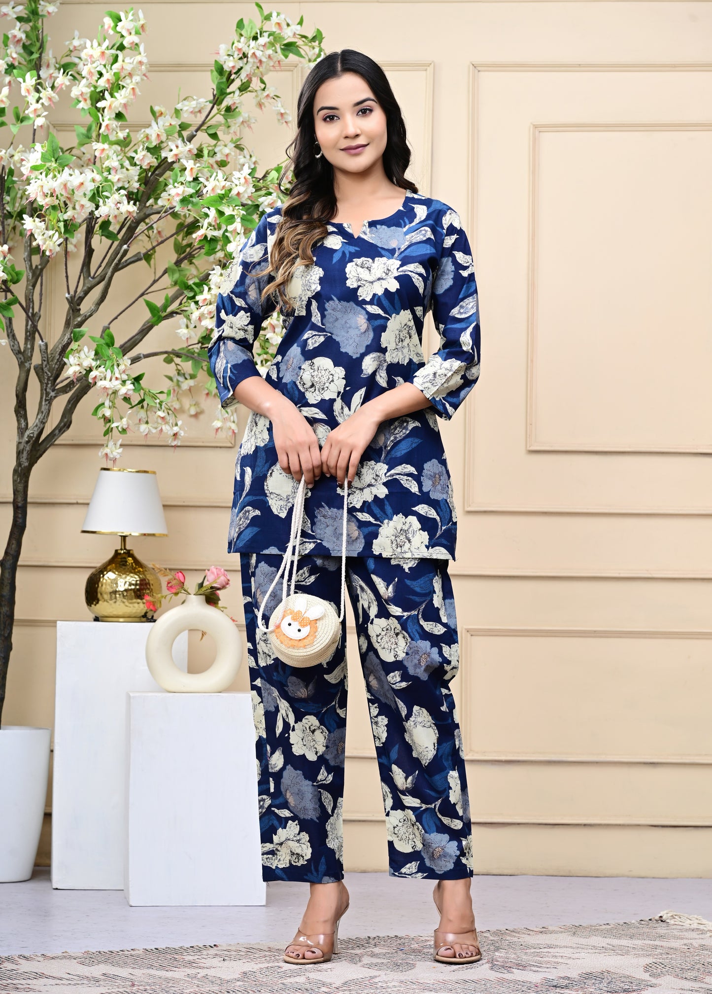 Navy Blue Floral Printed Cotton Co-ord Set