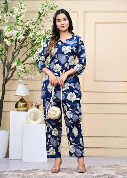 Navy Blue Floral Printed Cotton Co-ord Set