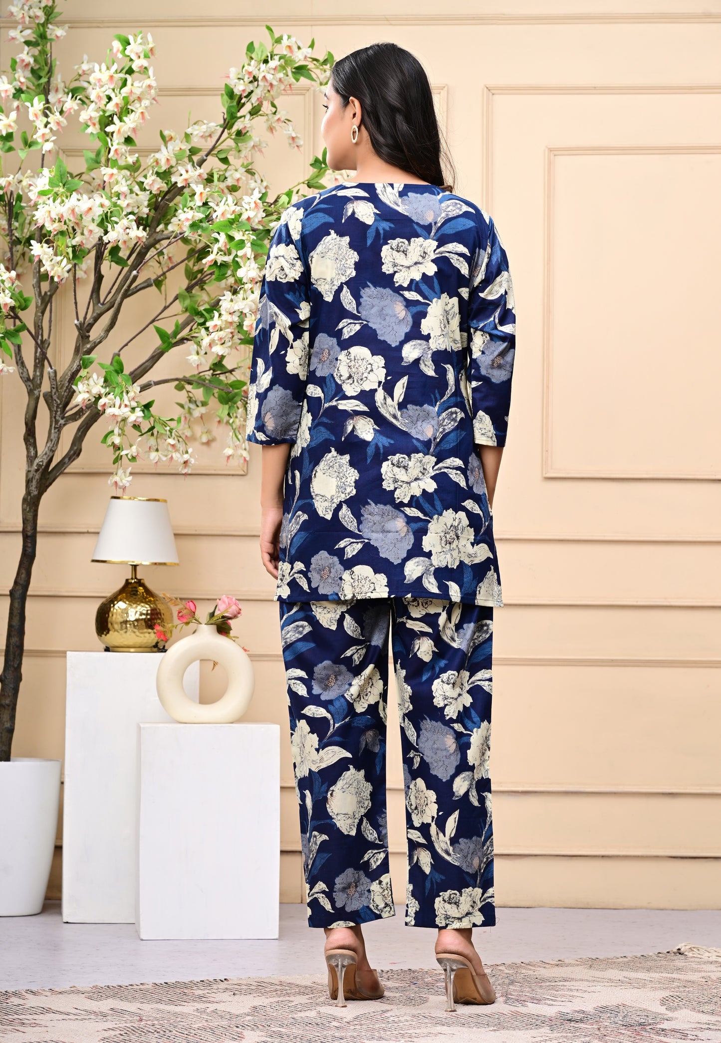 Navy Blue Floral Printed Cotton Co-ord Set