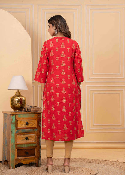 Red Printed Kurti with Beige Leggings