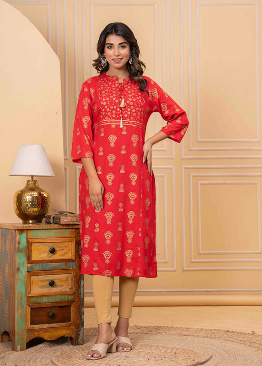 Red Printed Kurti with Beige Leggings