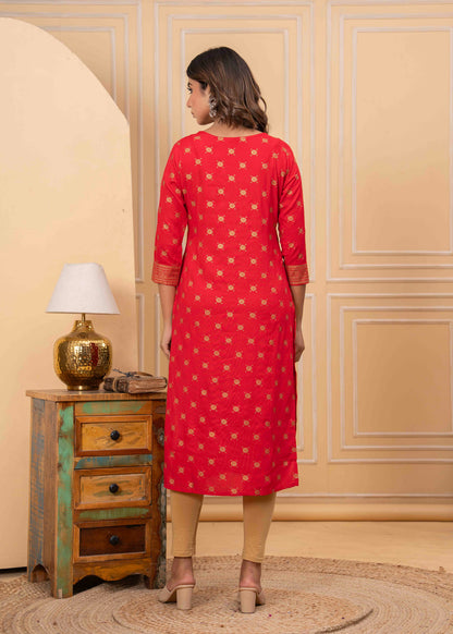 Women's Traditional Red Printed Straight Kurta