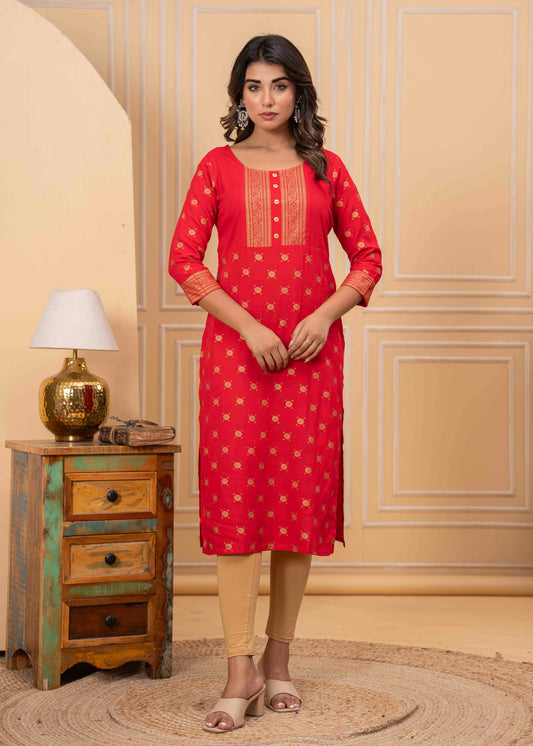 Women's Traditional Red Printed Straight Kurta