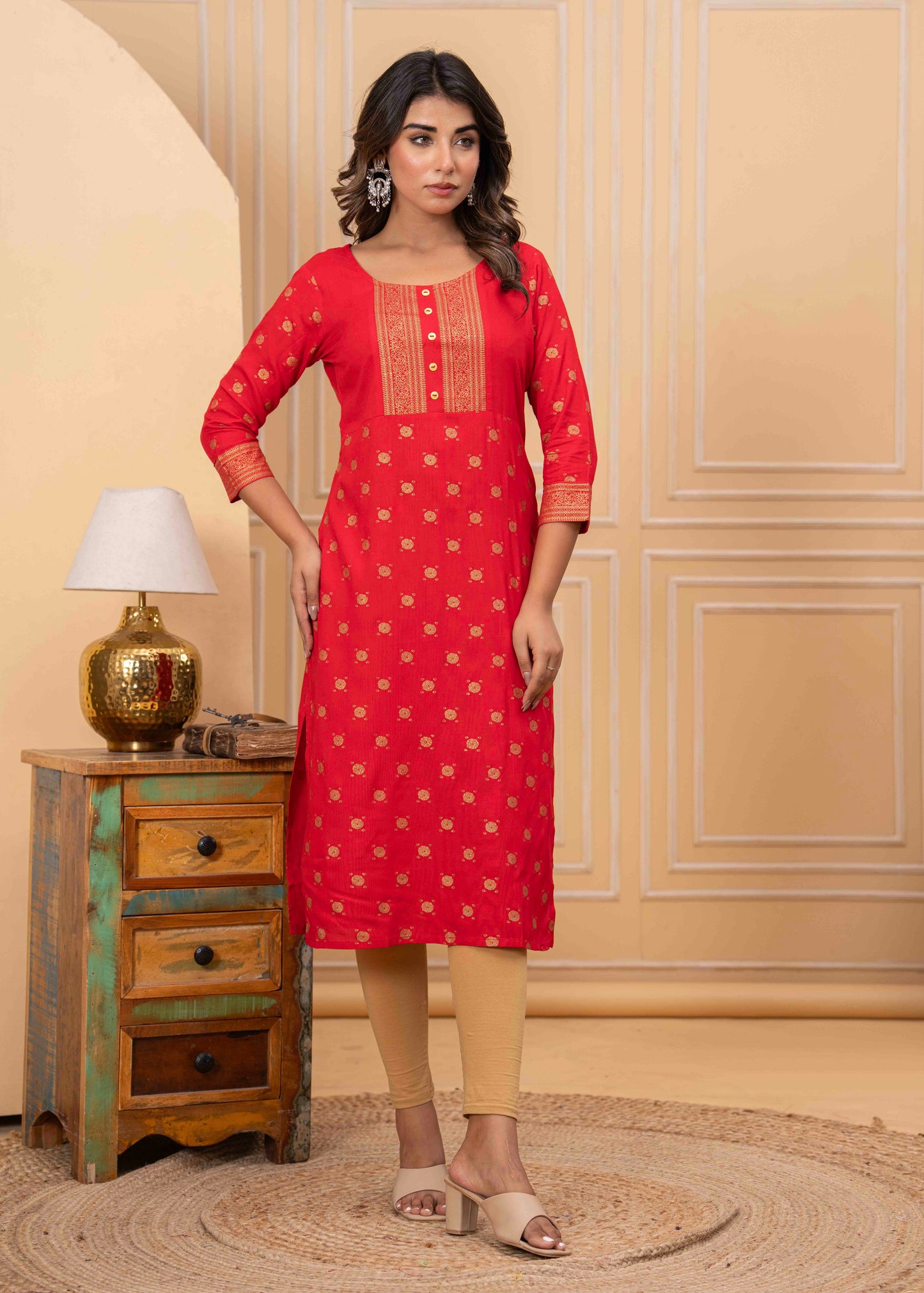Women's Traditional Red Printed Straight Kurta