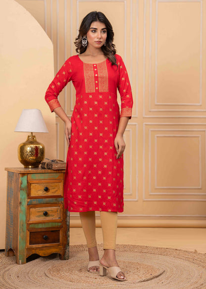 Women's Traditional Red Printed Straight Kurta