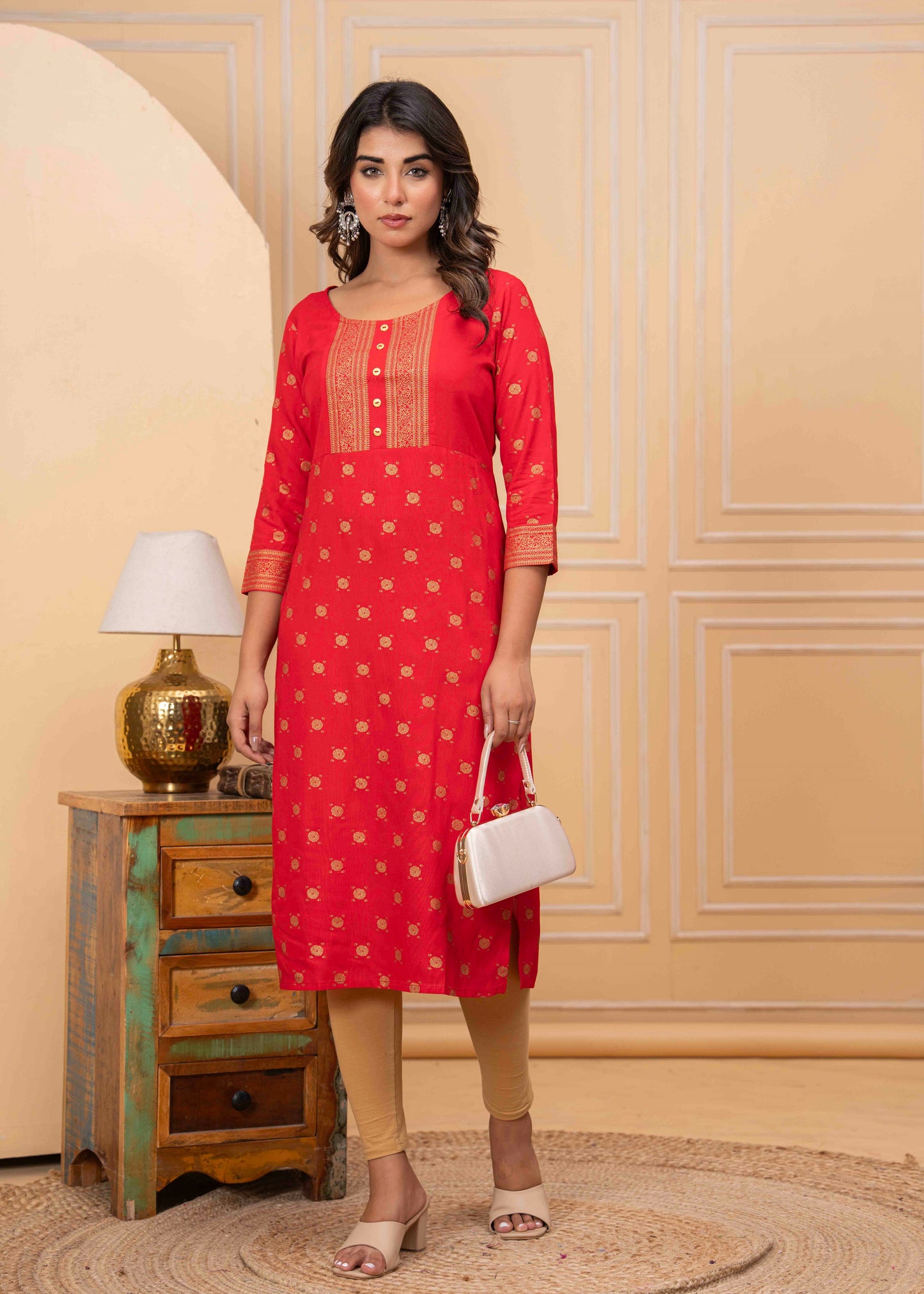Women's Traditional Red Printed Straight Kurta