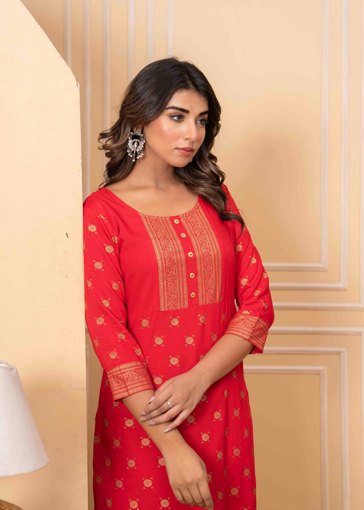 Women's Traditional Red Printed Straight Kurta
