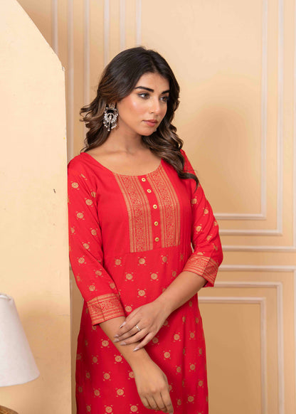 Women's Traditional Red Printed Straight Kurta