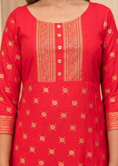 Women's Traditional Red Printed Straight Kurta