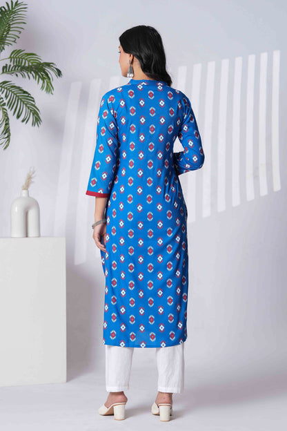 Women's Blue Printed Straight Kurta with White Pants
