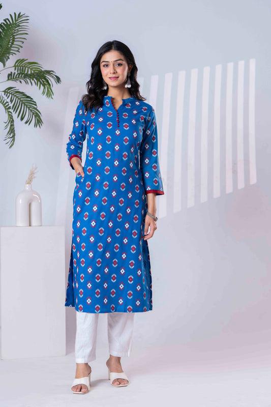 Women's Blue Printed Straight Kurta with White Pants