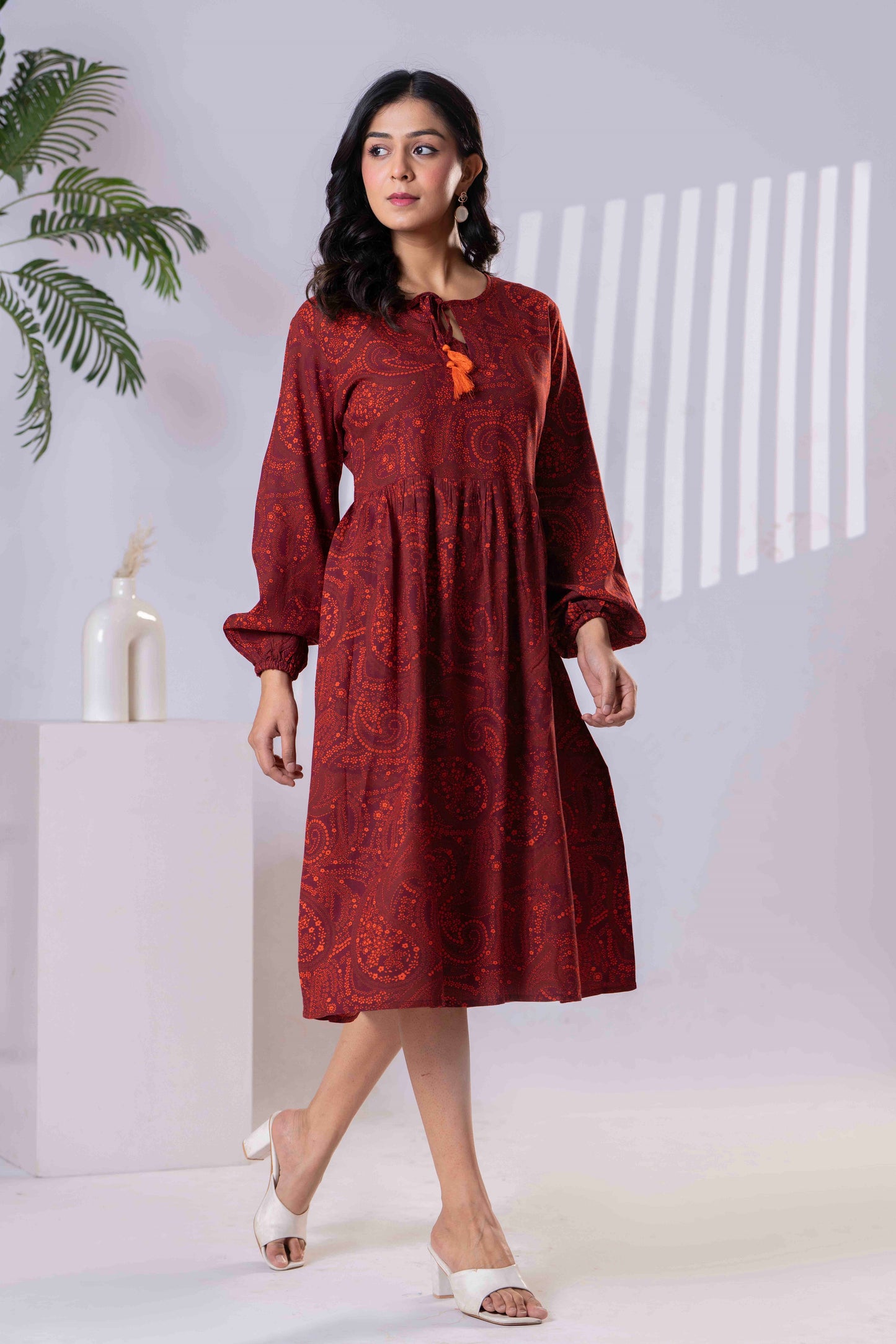 Women's Red Printed A-Line Midi Dress with Long Sleeves