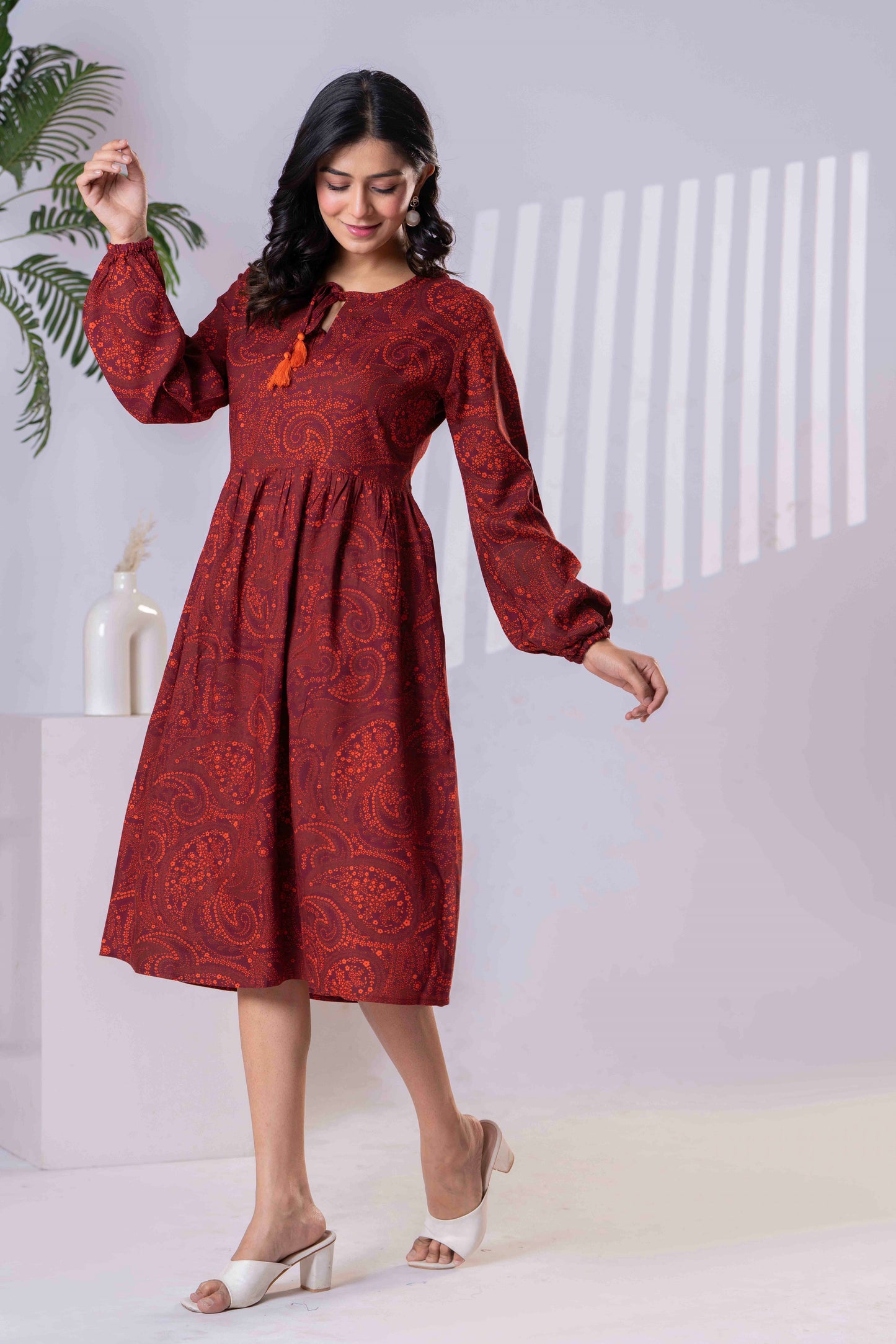 Women's Red Printed A-Line Midi Dress with Long Sleeves