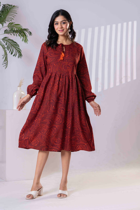 Women's Red Printed A-Line Midi Dress with Long Sleeves
