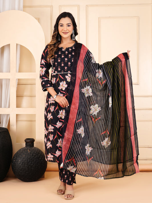 Black Colour Designer Printed Kurta with Pant and Dupatta