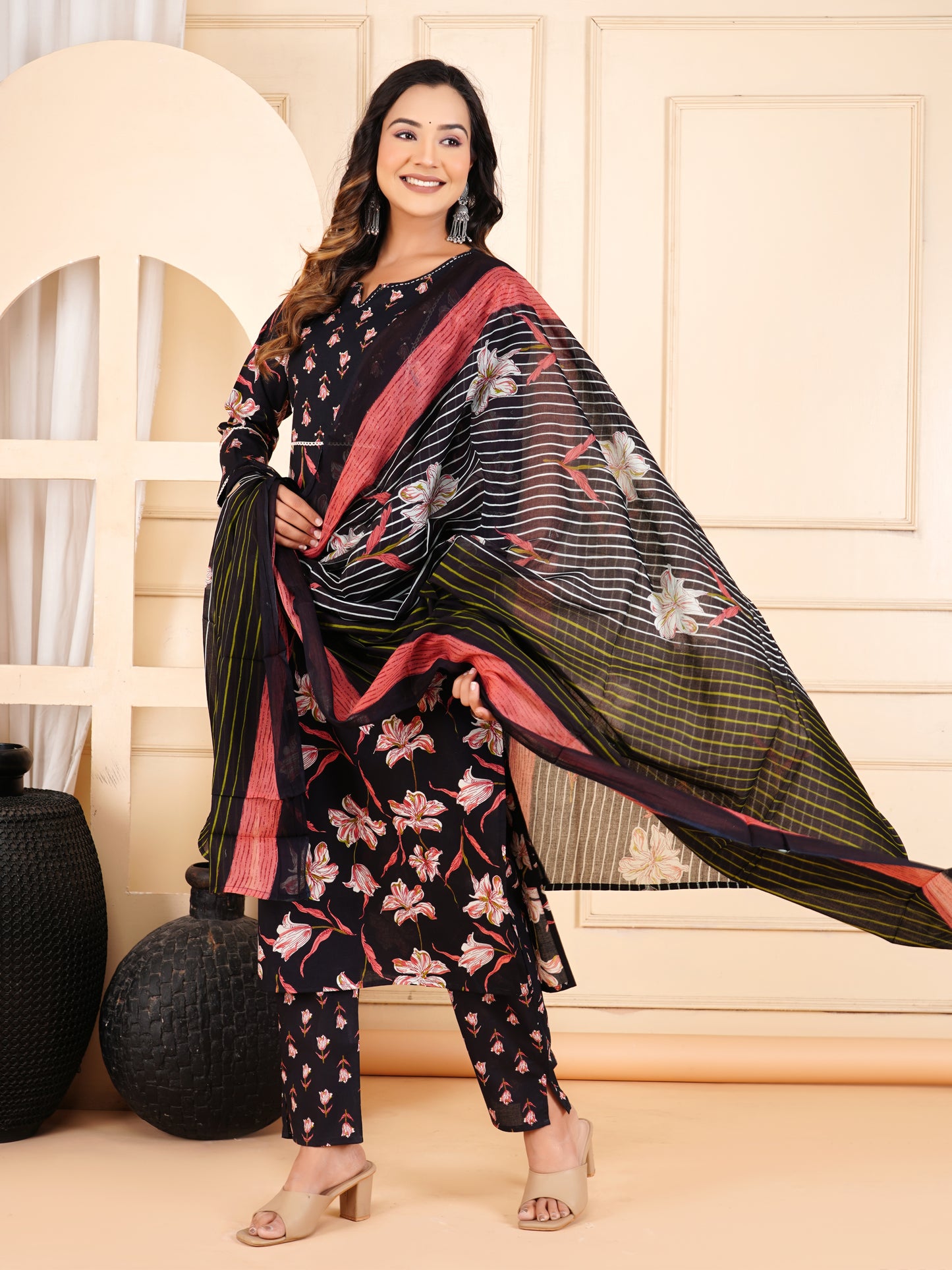 Black Colour Designer Printed Kurta with Pant and Dupatta