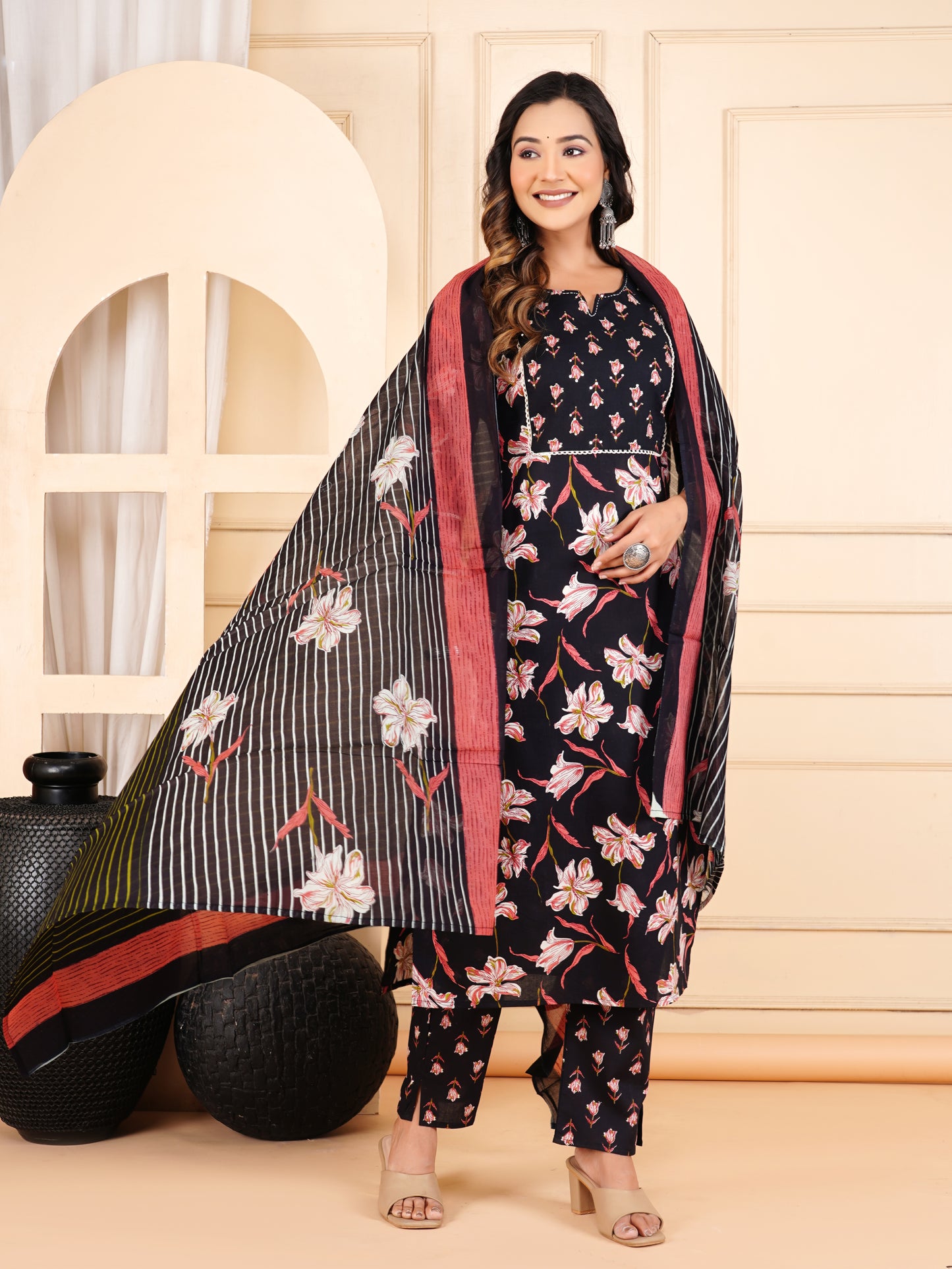 Black Colour Designer Printed Kurta with Pant and Dupatta