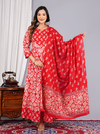 Red Colour Designer Printed Kurta with Pant and Dupatta