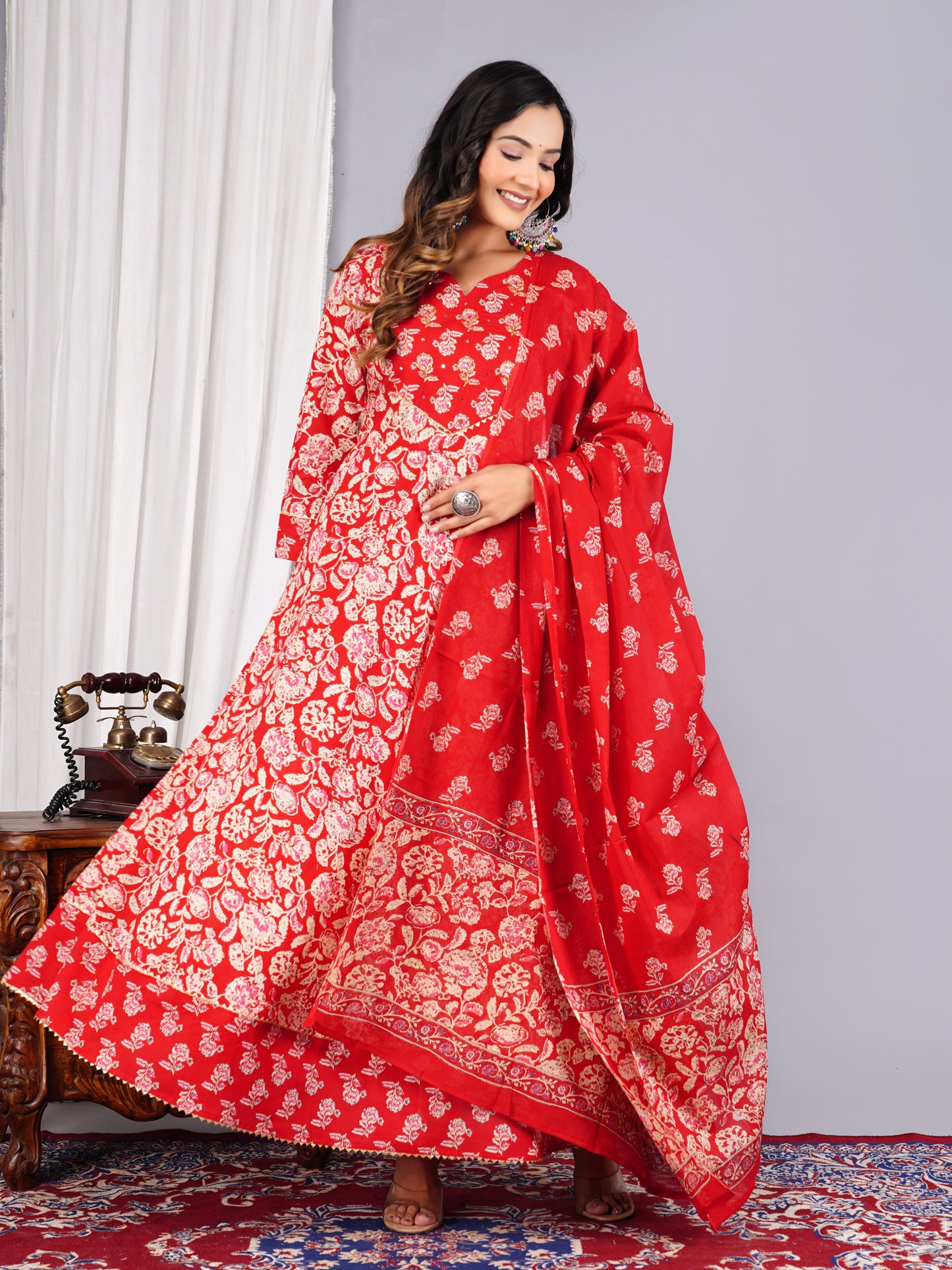 Red Colour Designer Printed Kurta with Pant and Dupatta