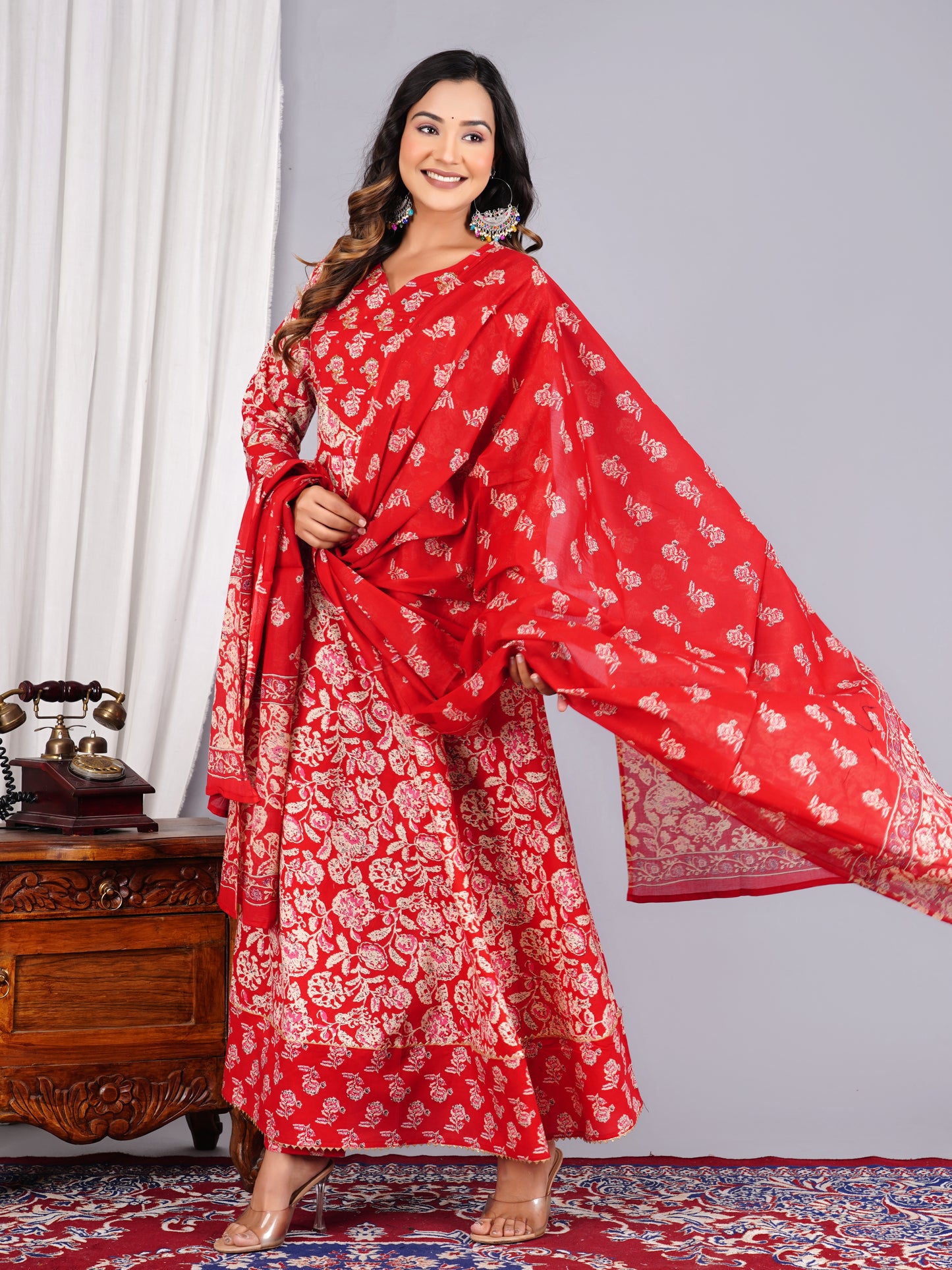 Red Colour Designer Printed Kurta with Pant and Dupatta