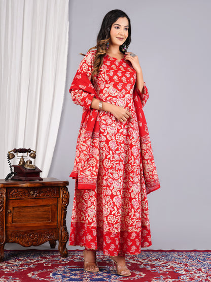 Red Colour Designer Printed Kurta with Pant and Dupatta