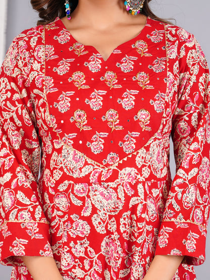 Red Colour Designer Printed Kurta with Pant and Dupatta