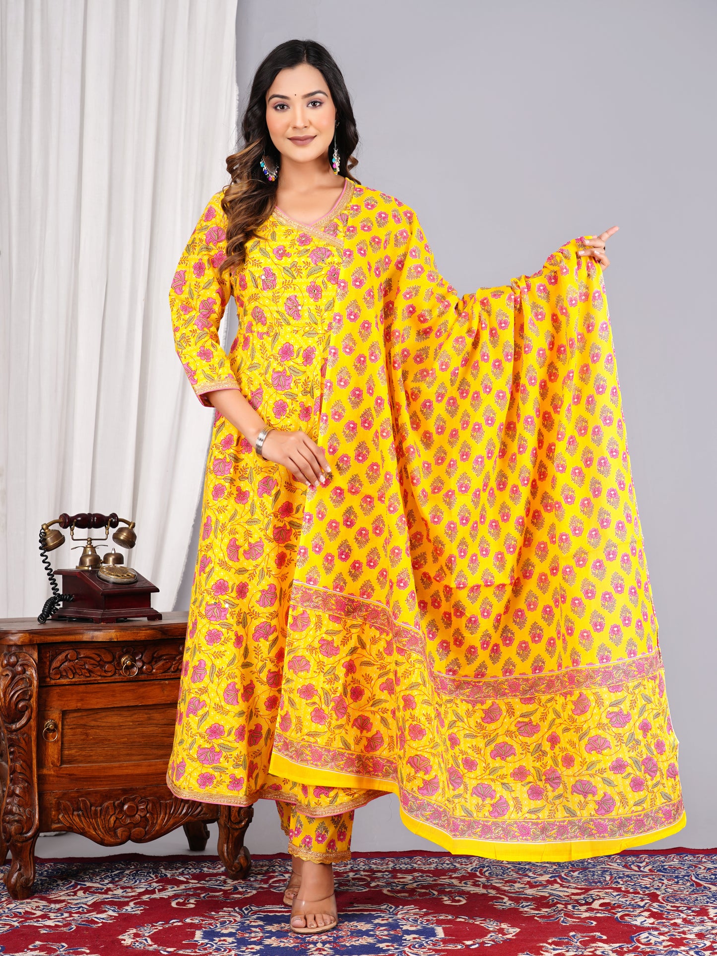 Yellow Colour Designer Printed Kurta with Pant and Dupatta
