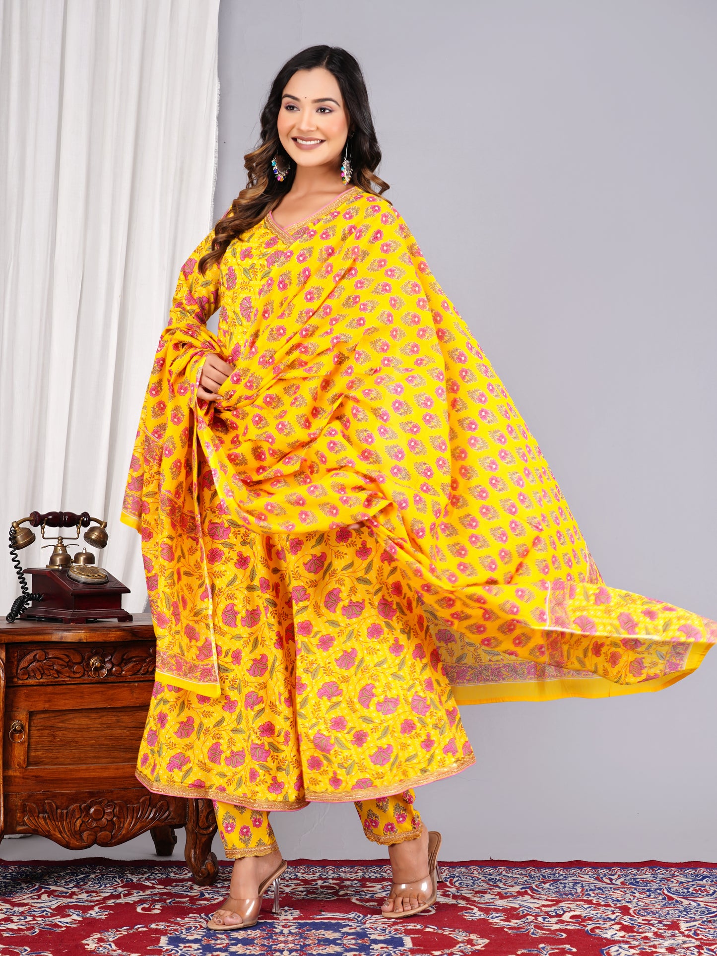Yellow Colour Designer Printed Kurta with Pant and Dupatta