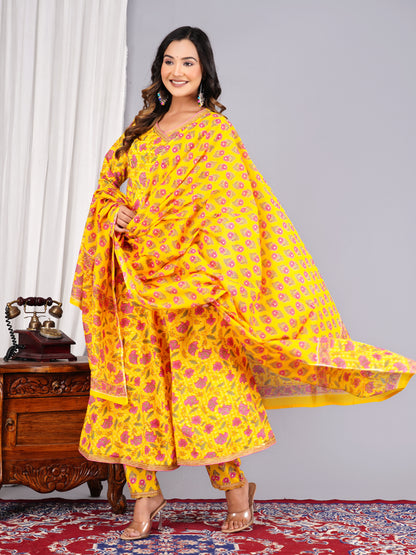 Yellow Colour Designer Printed Kurta with Pant and Dupatta