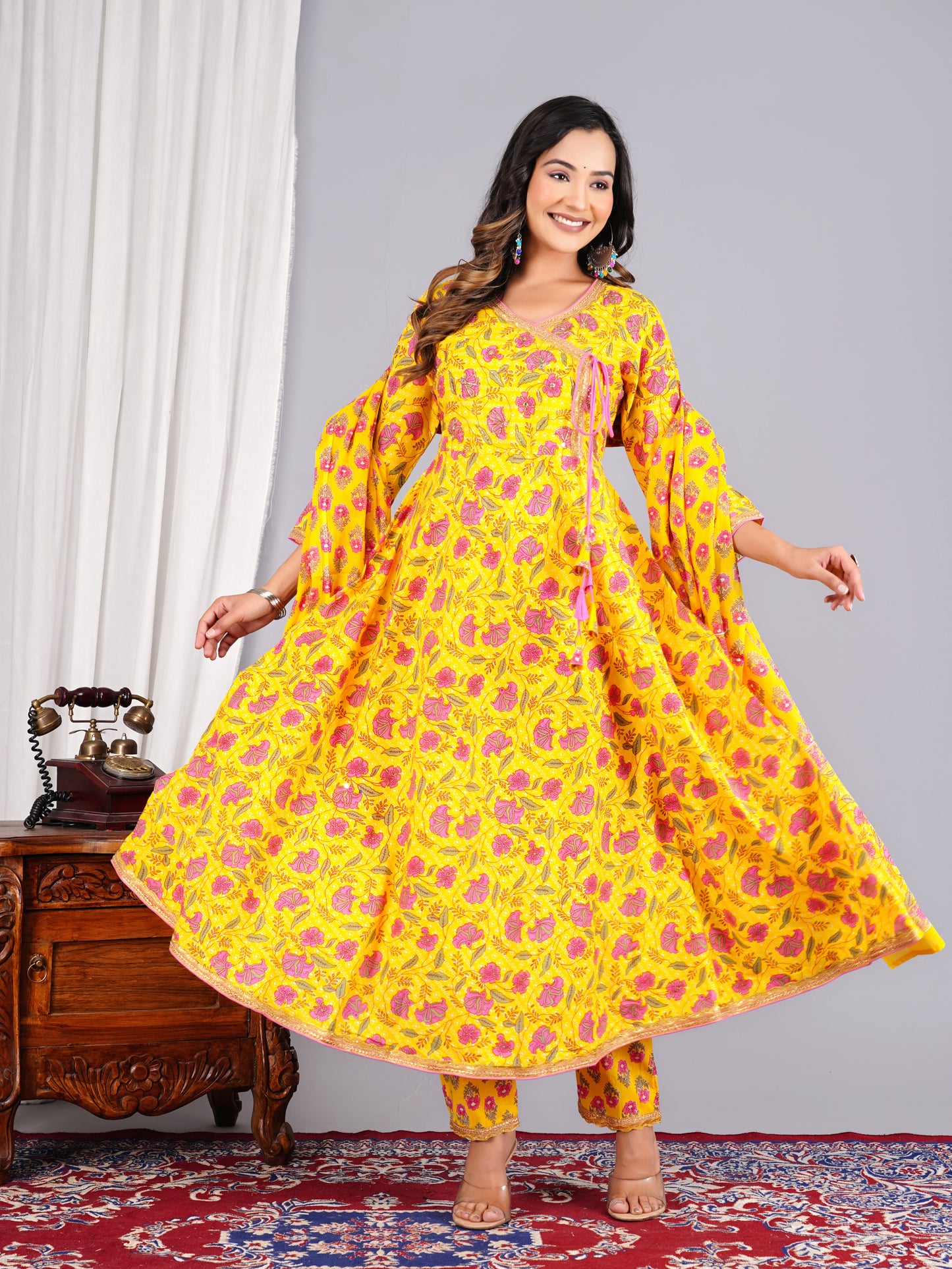 Yellow Colour Designer Printed Kurta with Pant and Dupatta