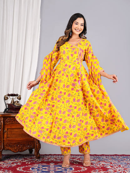 Yellow Colour Designer Printed Kurta with Pant and Dupatta