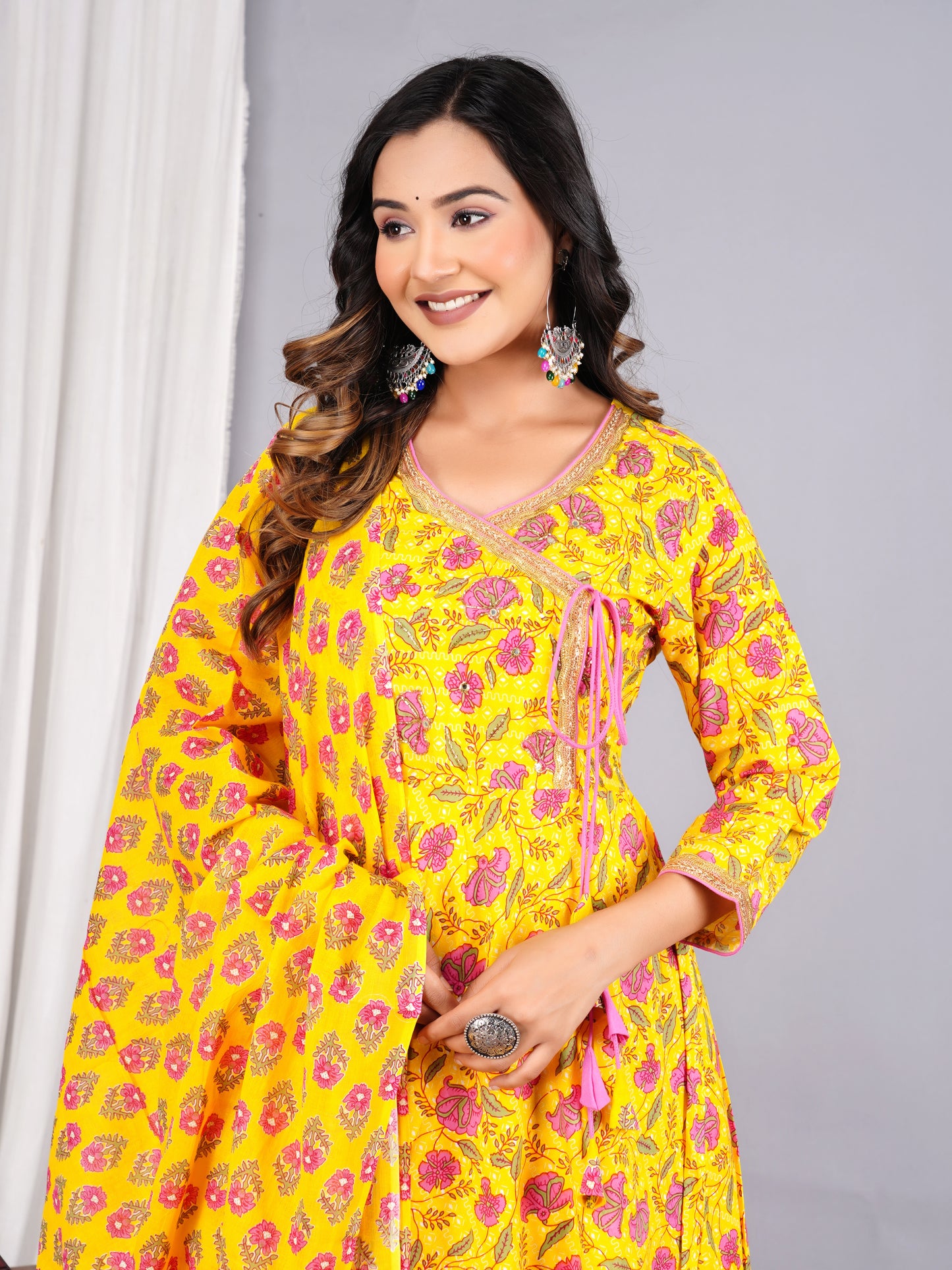 Yellow Colour Designer Printed Kurta with Pant and Dupatta