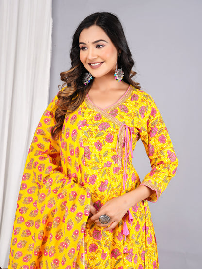 Yellow Colour Designer Printed Kurta with Pant and Dupatta