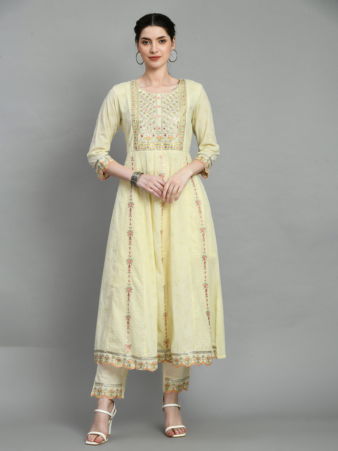 Pastel Yellow Embroidered Anarkali Suit Set
