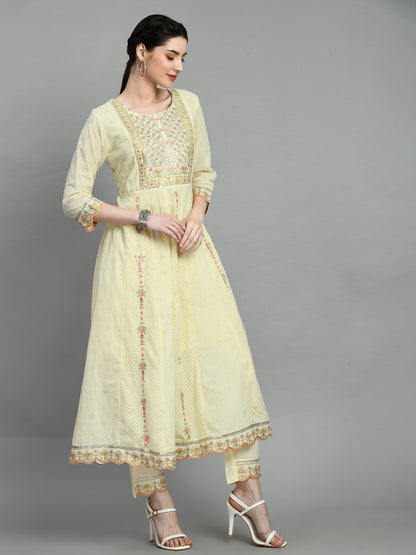 Pastel Yellow Embroidered Anarkali Suit Set